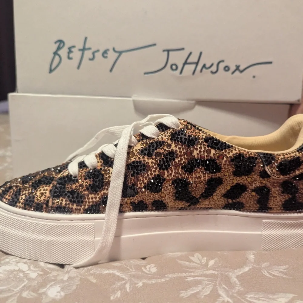 Betsey Johnson Leopard Sequin Platform Sneaker in Gold and Black - Picture 1 of 3
